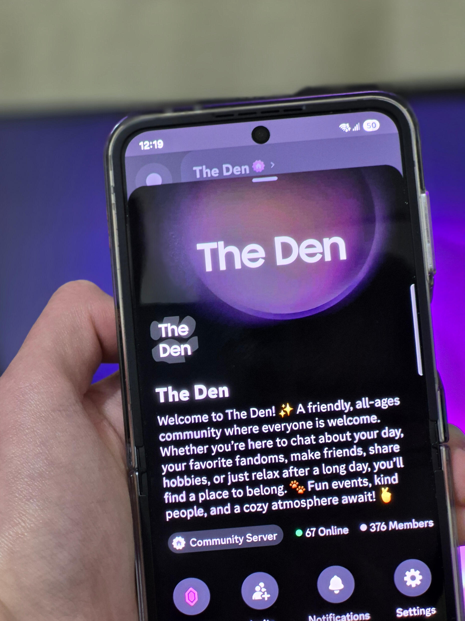 The Den Phone A picture showing The Den on a mobile Samsung Galaxy Z Flip6 device.